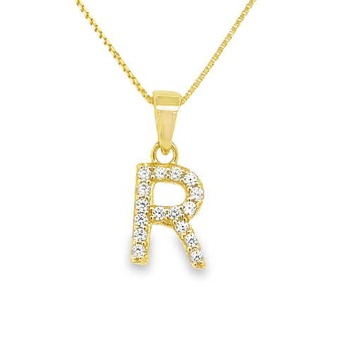 Yellow Gold Plated Sterling Silver Cubic Zirconia Letter R Pendant