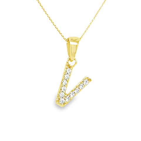 Yellow Gold Plated Sterling Silver Cubic Zirconia Letter V Pendant