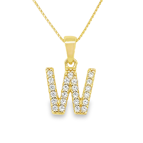 Sterling Silver Cubic Zirconia Letter W Pendant in Yellow Gold Plating