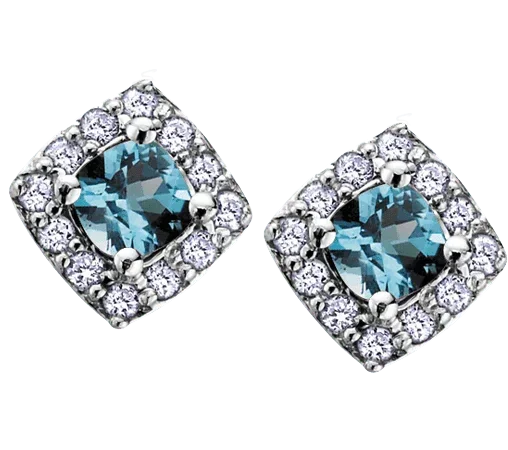 10k White Gold Blue Topaz and Diamond Halo Earrings