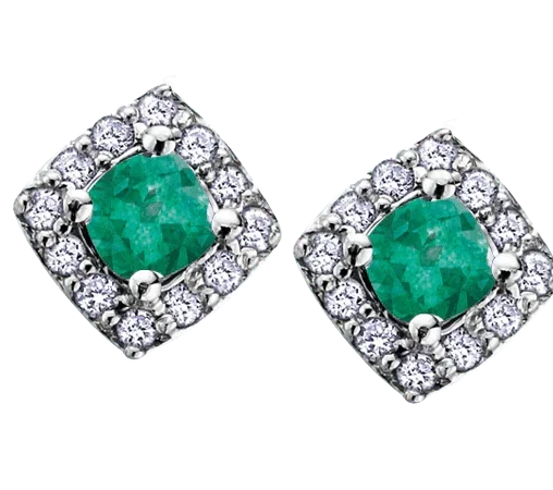 10k White Gold Emerald and Diamond Halo Earrings