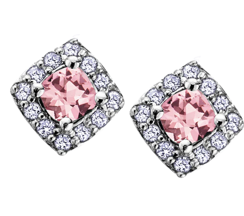 10k White Gold Pink Tourmaline and Diamond Halo Earrings