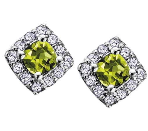 10k White Gold Peridot and Diamond Halo Earrings