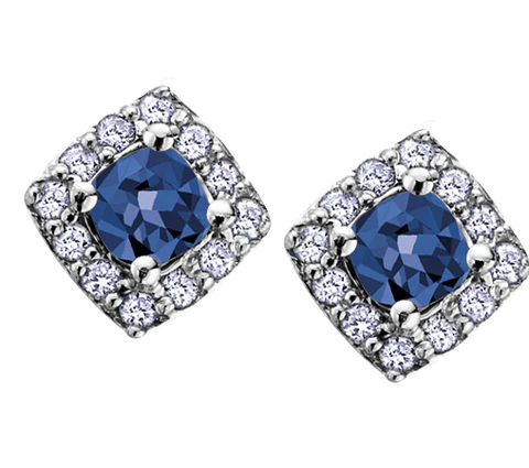 10K White Gold Blue Sapphire and Diamond Halo Earrings