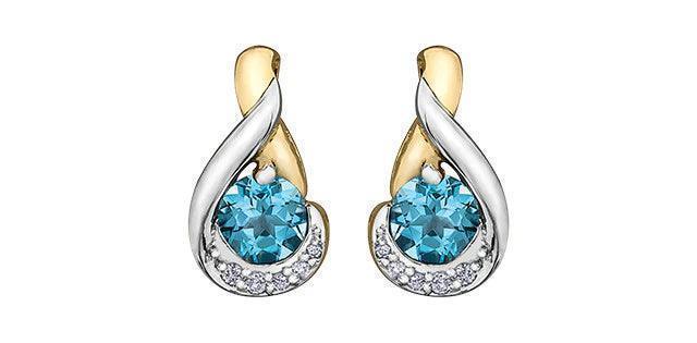 10k White and Yellow Gold Blue Topaz and Diamond Fancy Stud Earring