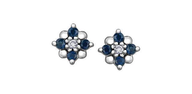 10k White Gold Blue Sapphire and Diamond Floral stud Earrings