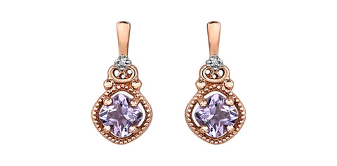 10K Rose Gold Pink Amethyst and Diamond Earrings