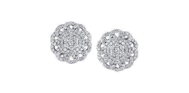 10K White Gold 1.00TDW Diamond Floral Stud Earrings