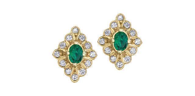 10K Yellow Gold Emerald and Diamond Fancy Stud Earrings