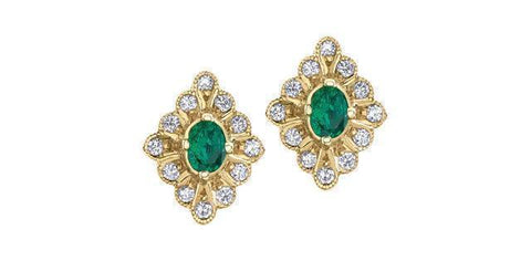 10K Yellow Gold Emerald and Diamond Fancy Stud Earrings
