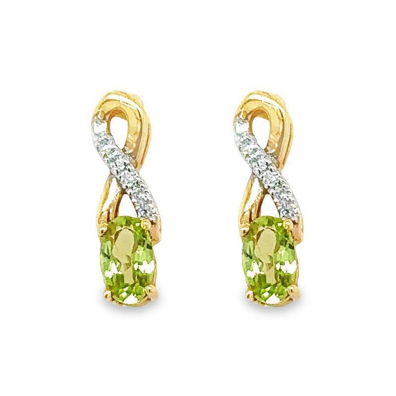 10K Yellow Gold August Oval-Cut Peridot Earrings 0.05 Carat (tdw) with Accent Diamonds