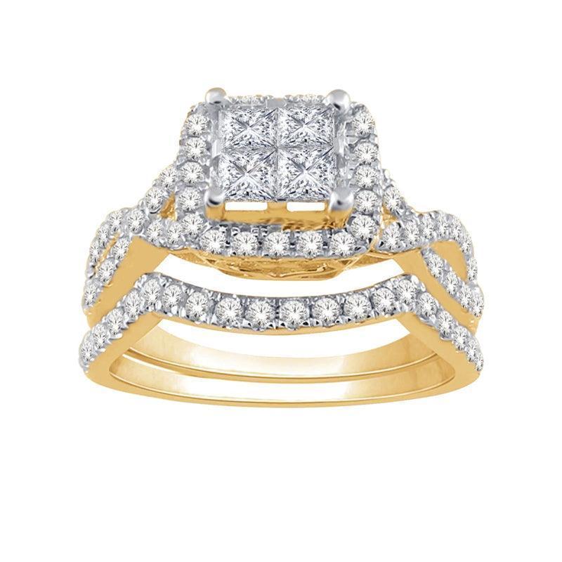 14K Yellow Gold 1.00TDW Diamond Quad Halo Bridal Set with Eternity Shank