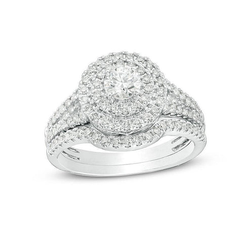 14K White Gold 1.00TDW Diamond Double Round Halo Wedding Set