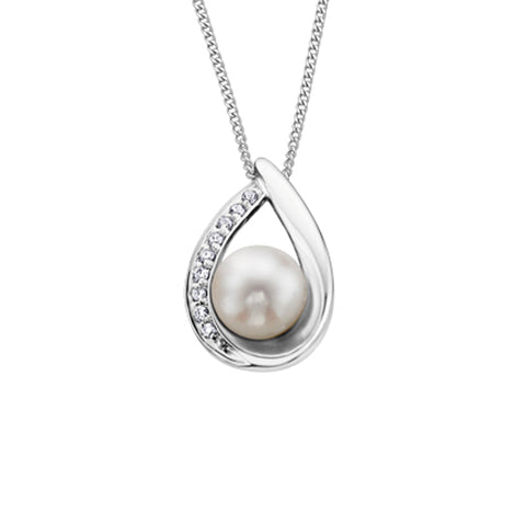 0.05 ct Diamond Teardrop Pendant and White Freshwater Pearl in 10K White Gold