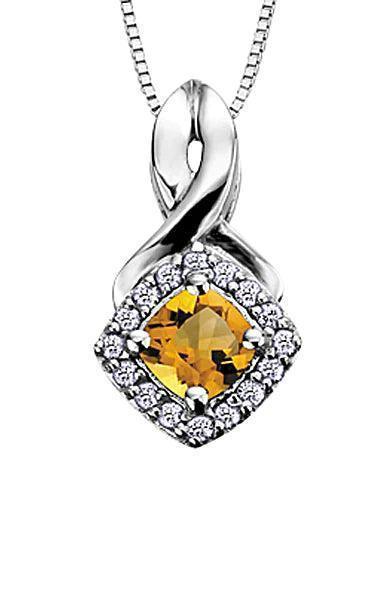 10K White Gold Citrine and Diamond Halo Pendant with Chain