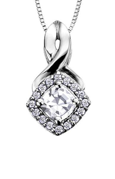 10K White Gold White Zircon and Diamond Halo Pendant with Chain