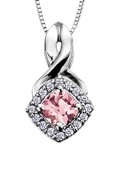 10K White Gold Pink Tourmaline and Diamond Halo Pendant with Chain
