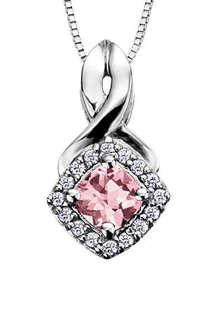 10K White Gold Pink Tourmaline and Diamond Halo Pendant with Chain