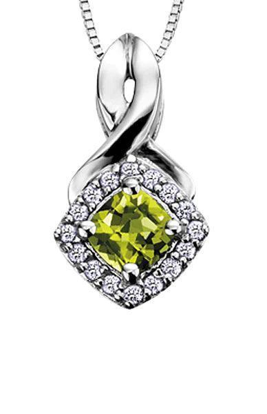10K White Gold Peridot and Diamond Halo Pendant with Chain