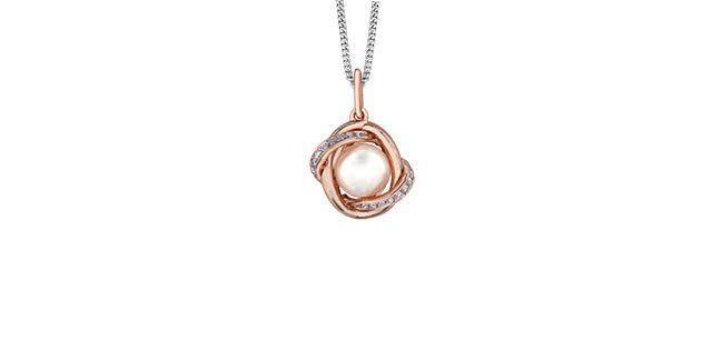 10K Rose Gold Pearl and Diamond Pendant with Chain