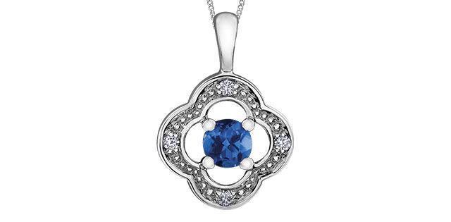 10K White Gold Blue Sapphire and Diamond Pendant with Chain