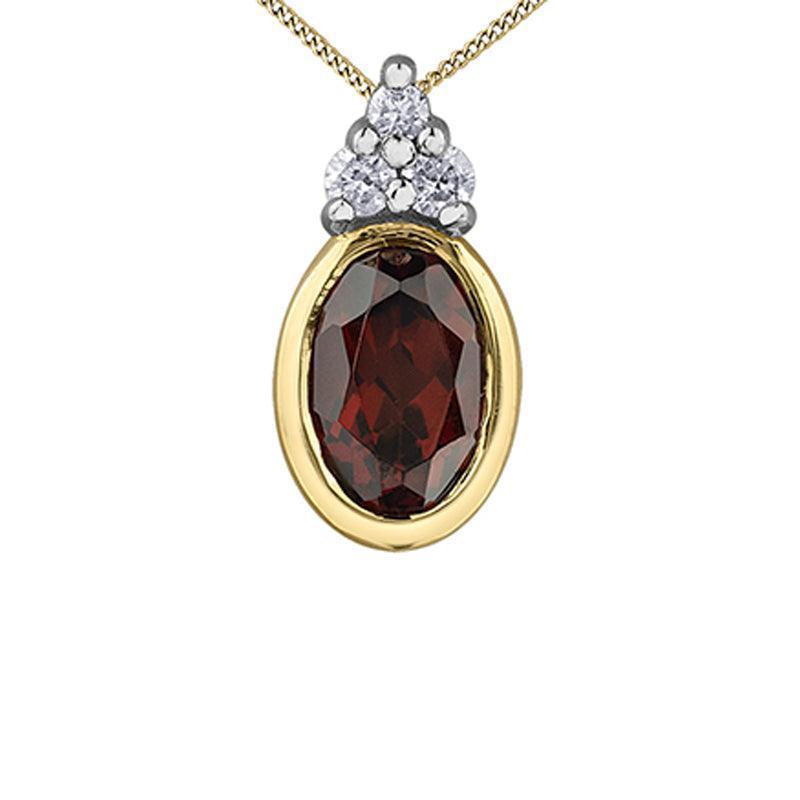 0.04TDW Diamond and 6X4MM Garnet Oval Pendant in 10K Yellow Gold