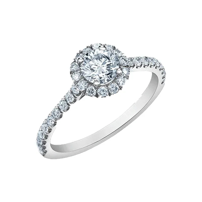14K White Gold 0.86tdw Lab Grown Round Halo Diamond Engagement Ring With Side Diamonds.