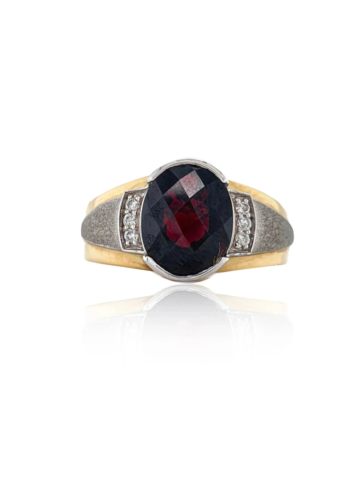 14K Yellow And White Gold 0.08CT Diamond and Oval Garnet Ring With Sand Blast Finish Sides