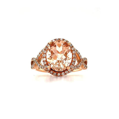 10K Rose Gold 0.45TDW Diamond And Oval Cut Morganite Halo Solitaire Ring