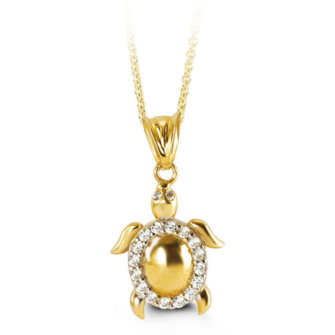 10K Yellow Gold Turtle CZ Charm Pendant with Chain