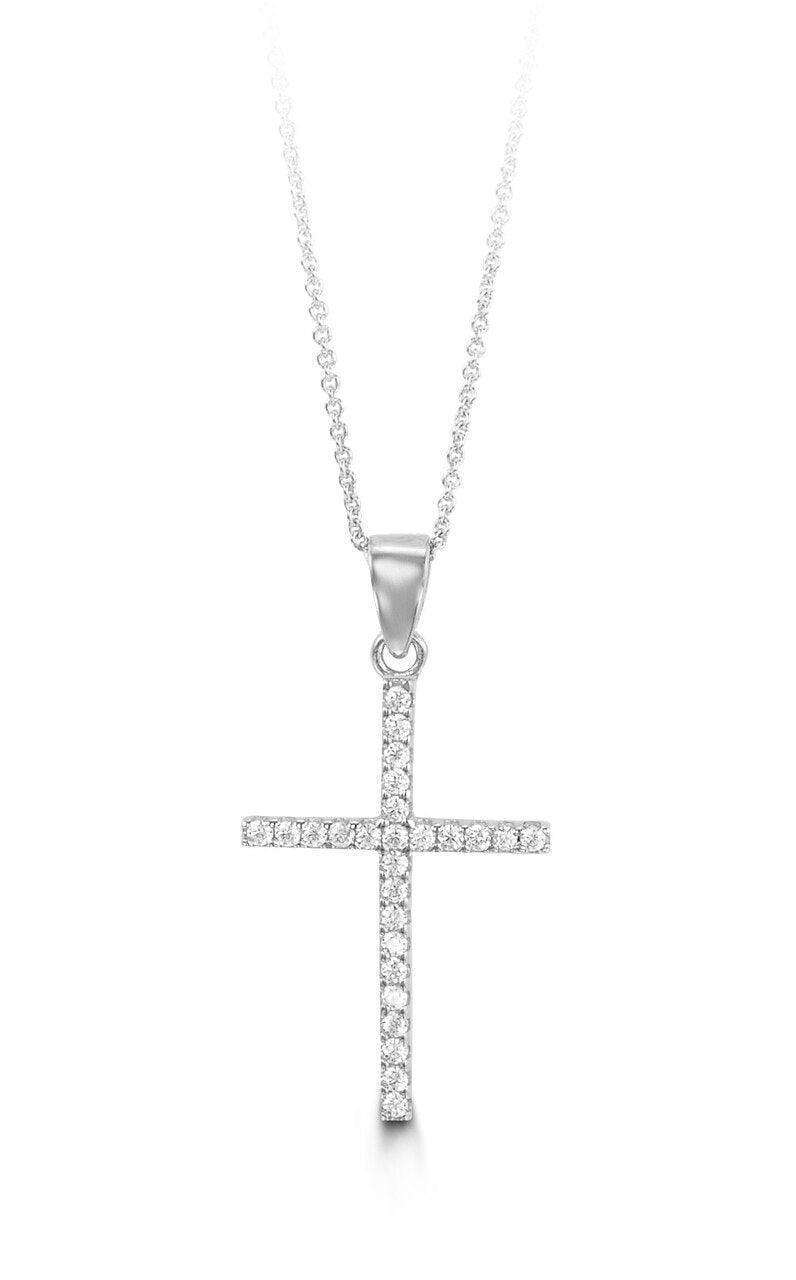 10K White Gold Classic CZ Cross Pendant with Chain