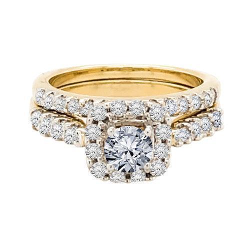14K Yellow Gold 1.50TDW Diamond Solitaire With Halo and Sides Diamonds Wedding Set