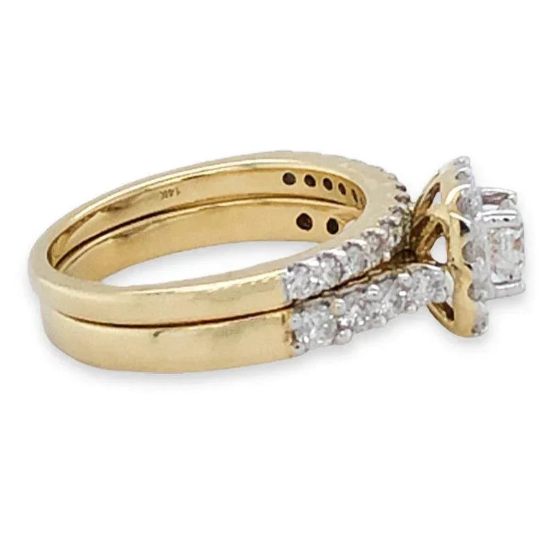14K Yellow Gold 1.50TDW Diamond Solitaire With Halo and Sides Diamonds Wedding Set
