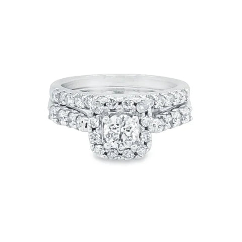 14K White Gold 1.50TDW Diamond Solitaire With Halo and Sides Diamonds Wedding Set