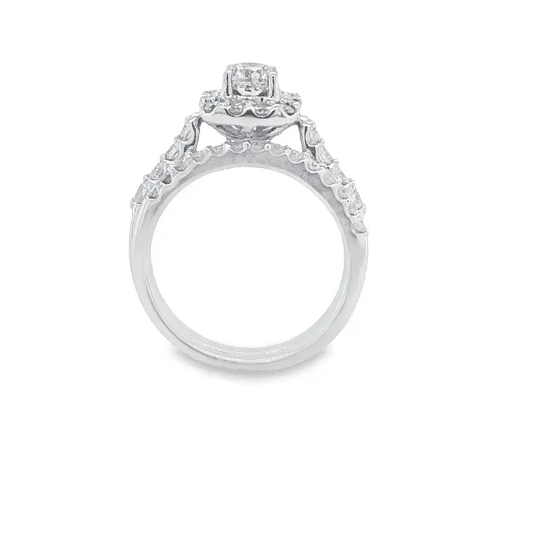 14K White Gold 1.50TDW Diamond Solitaire With Halo and Sides Diamonds Wedding Set