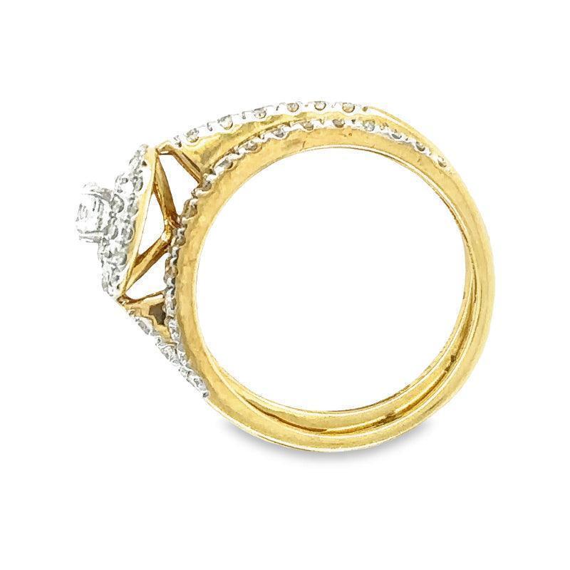 1.00TDW &amp; 10K Yellow Gold Diamond Bridal Set with Floral Center and Micro Pave Band