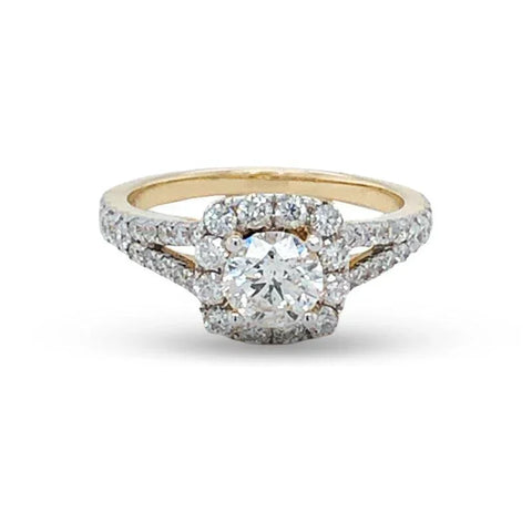 14K Yellow Gold 1.50TDW Diamond Solitaire Engagement Ring with Cushion Halo