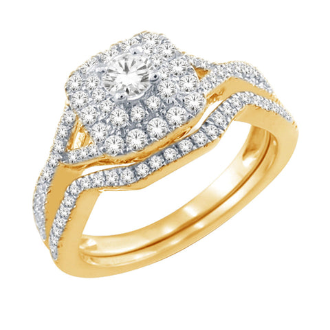 14 Karat Yellow Gold 0.60TDW Diamond Halo Wedding Set with Infinity Style Setting