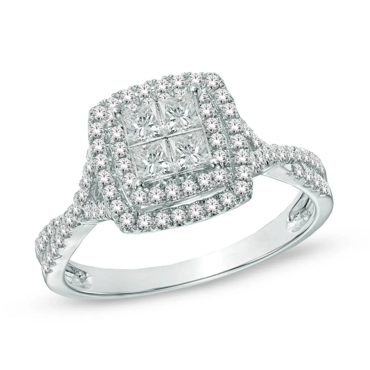 14K White Gold 1.00TDW Diamond Quad Double Halo Engagement Ring