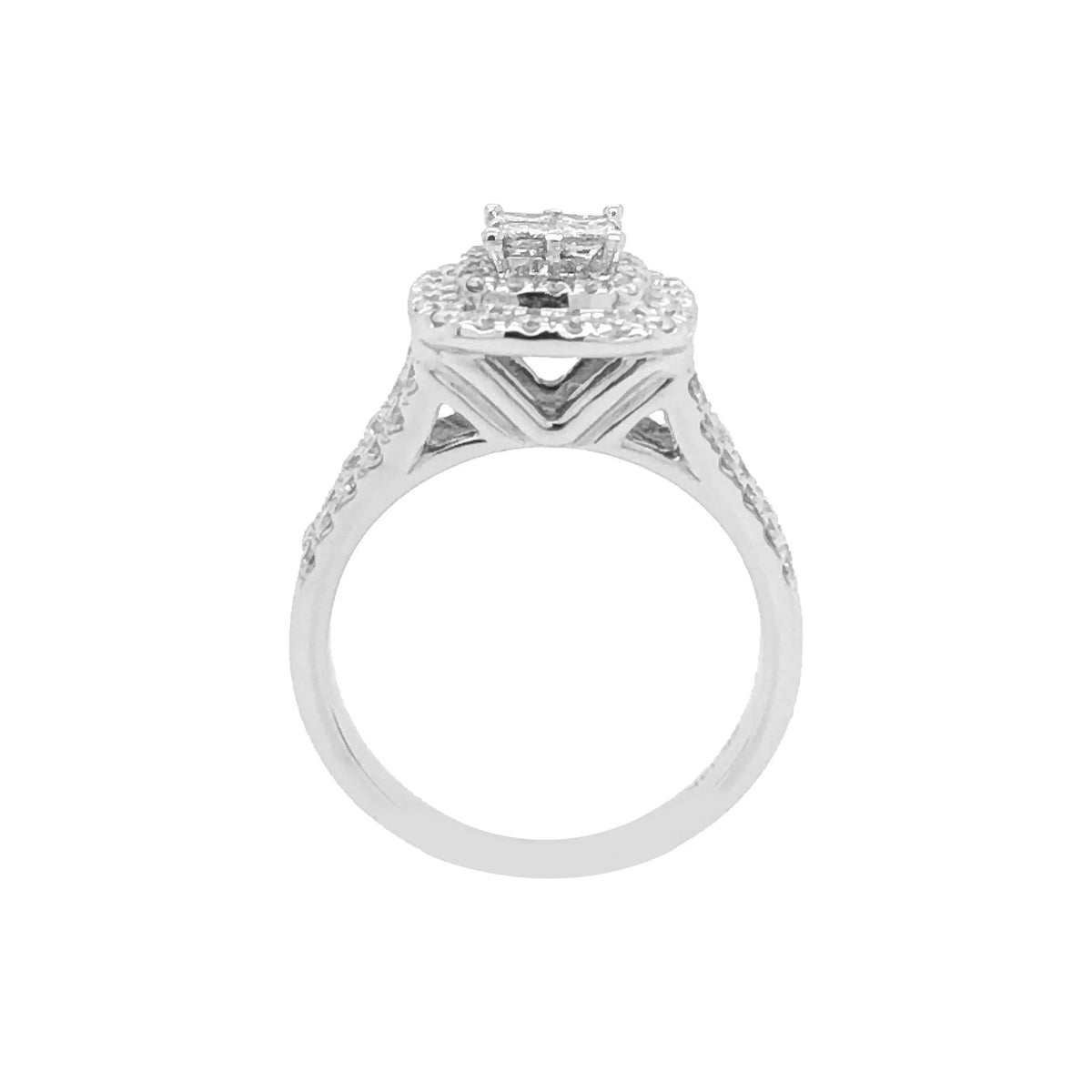 14K White Gold 1.00TDW Diamond Double Halo Quad Engagement Ring