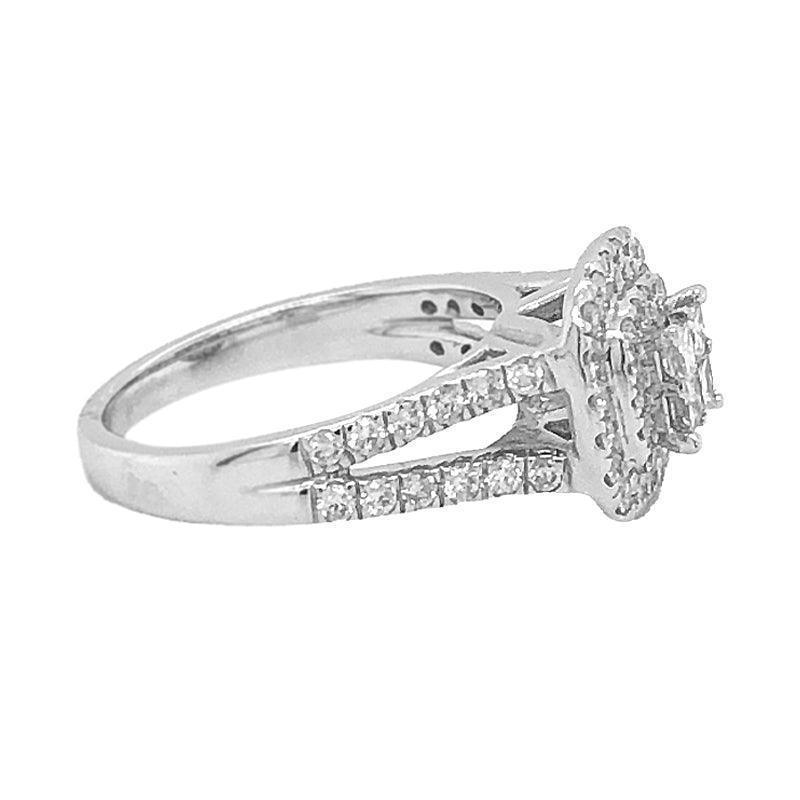 14K White Gold 1.00TDW Diamond Double Halo Quad Engagement Ring