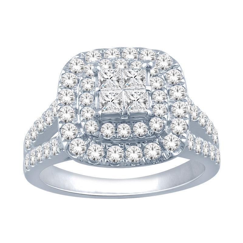 14K White 1.00TDW Diamond Double Halo Quad Engagement Ring
