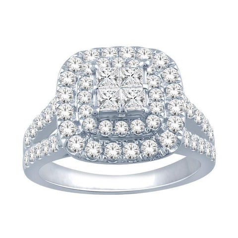 14K White 1.00TDW Diamond Double Halo Quad Engagement Ring