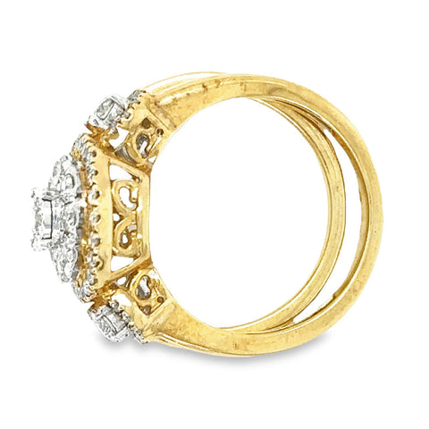 1.00TDW 10K Yellow Gold Diamond Halo Bridal Set with Round Center Stone