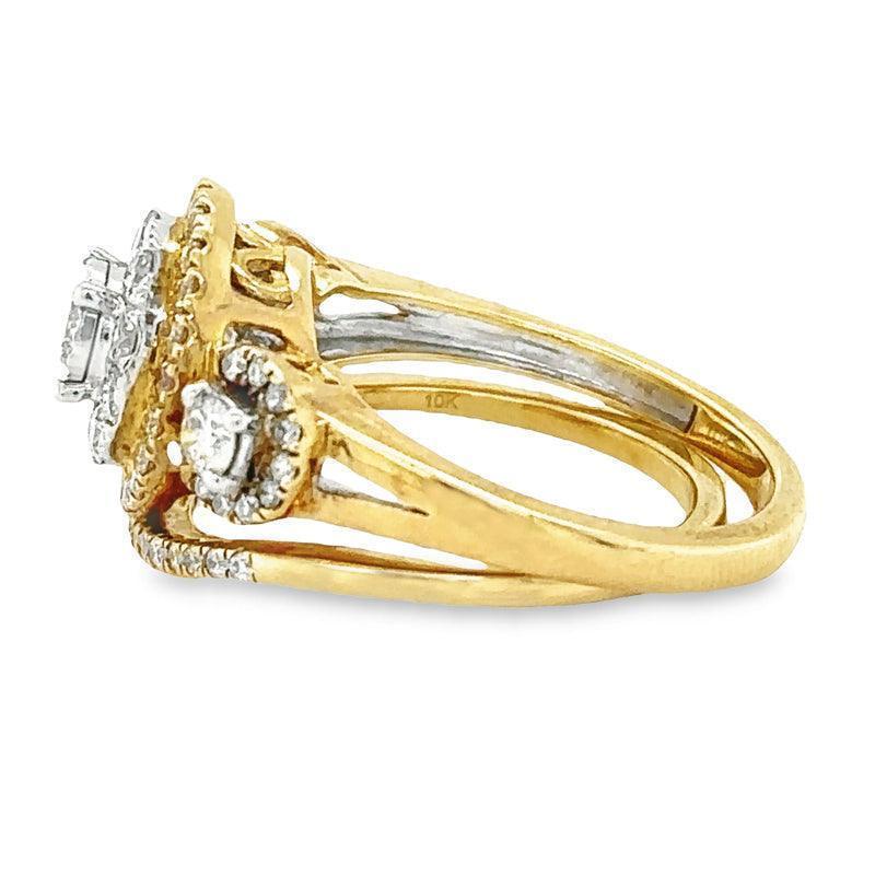 1.00TDW 10K Yellow Gold Diamond Halo Bridal Set with Round Center Stone