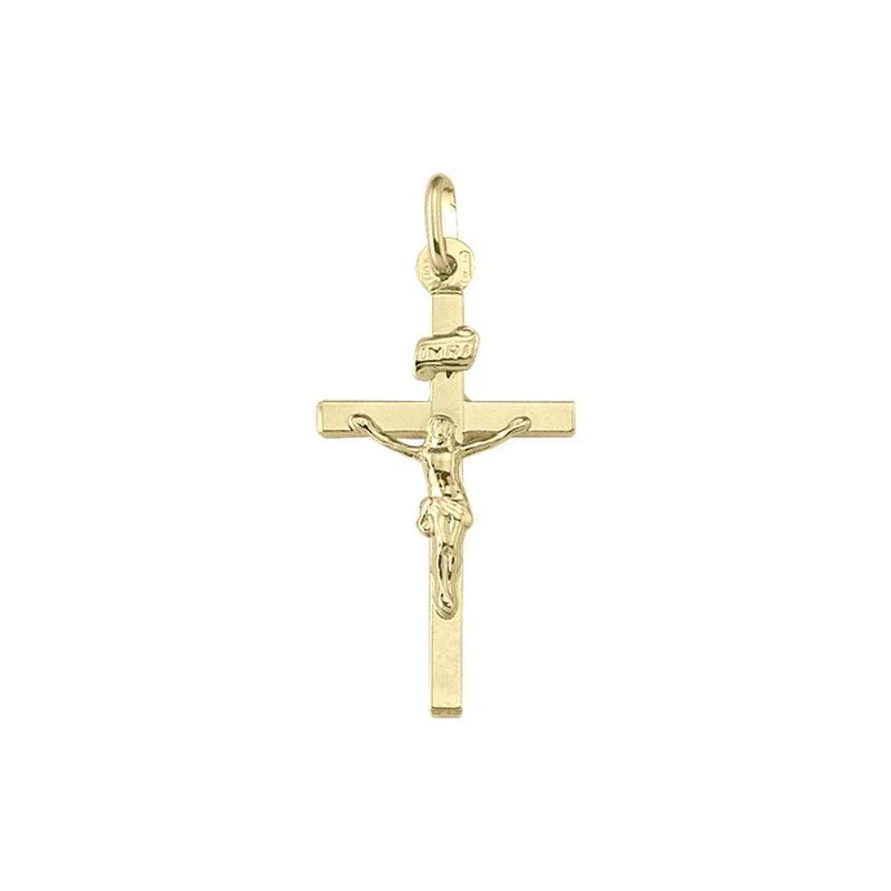 10K, 14K, 18K Yellow Gold Flat Religious Classic Italian Cross with Crucifix
