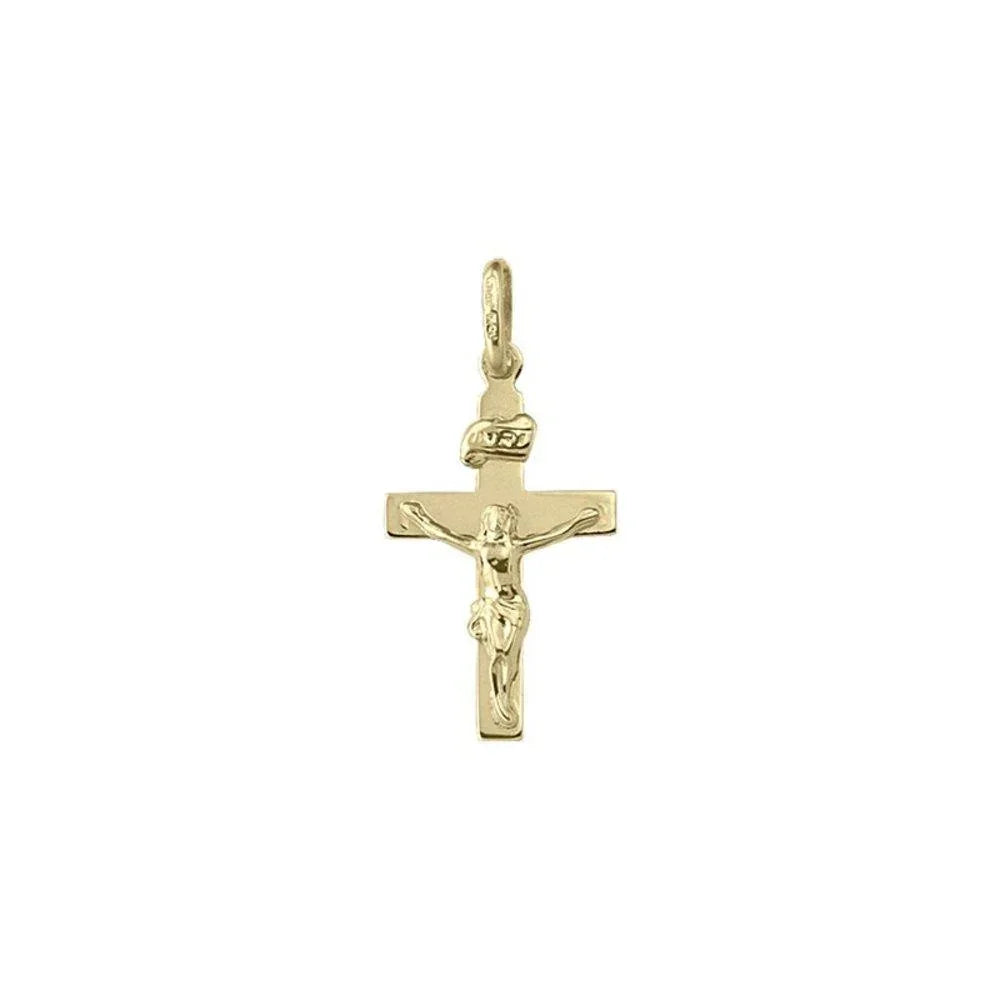 10K, 14K, 18K Yellow Gold Flat Religious Italian Cross with Crucifix