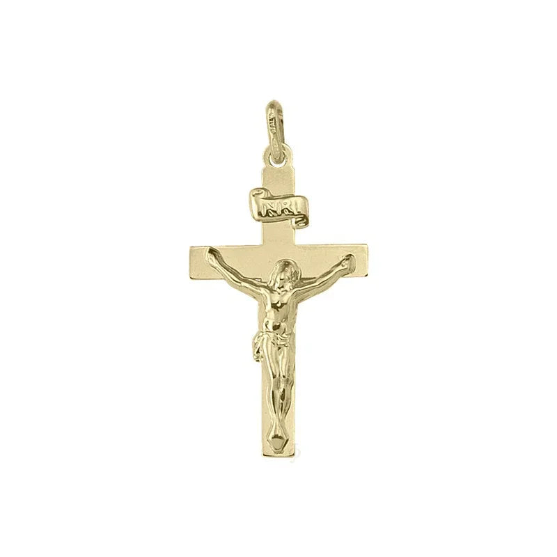 10K, 14K, 18K Yellow Gold Flat Religious Italian Cross with Crucifix