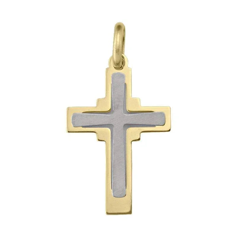 18K Yellow and White Gold Modern Religious Italian Cross