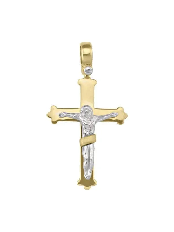 14K, 18K Yellow Gold Fancy Religious Italian Cross with White Gold Crucifix